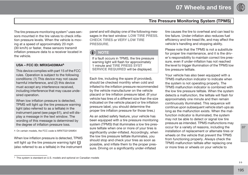 07 wheels and tires, Tire pressure monitoring system (tpms) | Volvo XC90 User Manual | Page 195 / 302