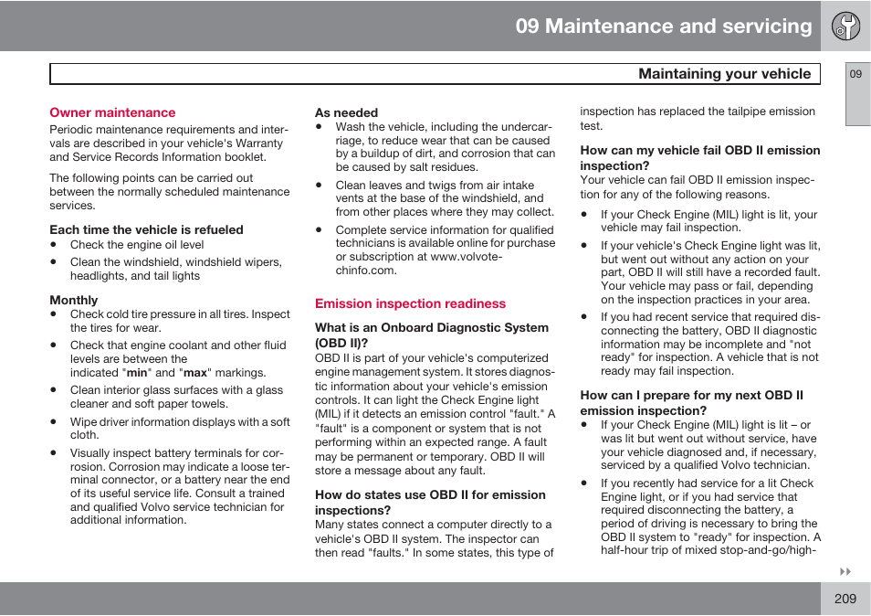 09 maintenance and servicing | Volvo XC90 User Manual | Page 209 / 302