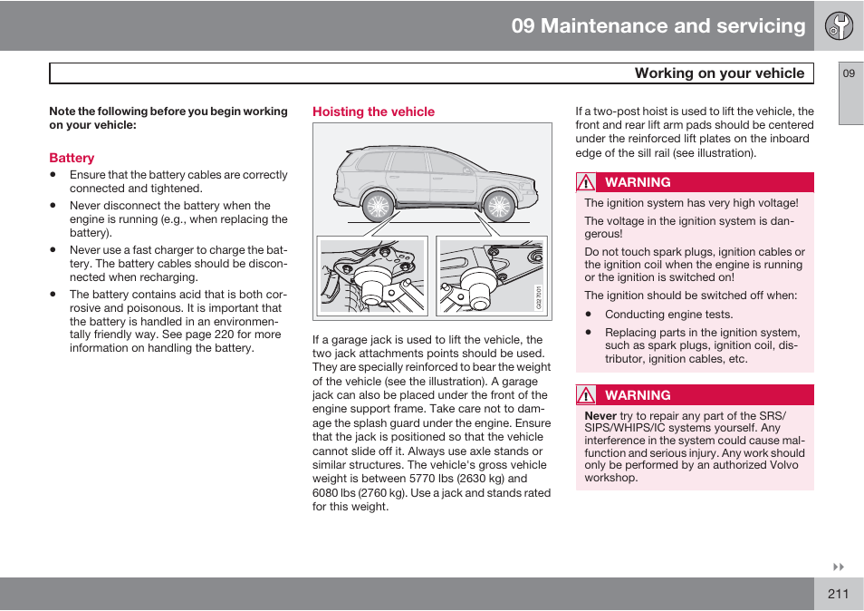 09 maintenance and servicing | Volvo XC90 User Manual | Page 211 / 302