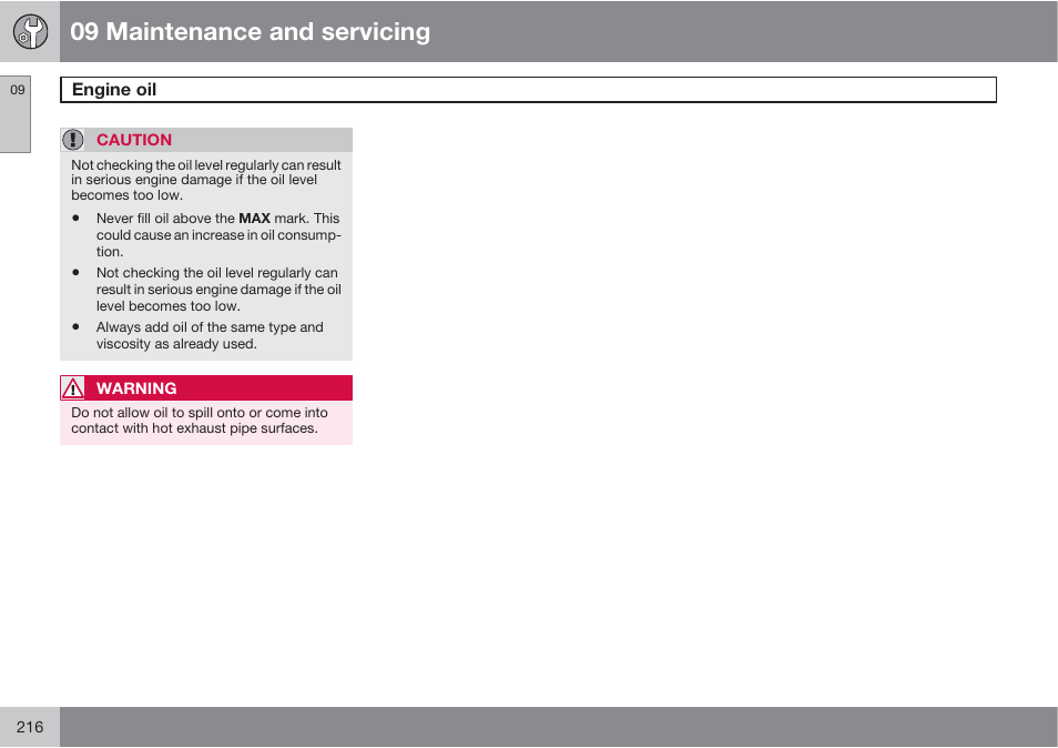 09 maintenance and servicing | Volvo XC90 User Manual | Page 216 / 302