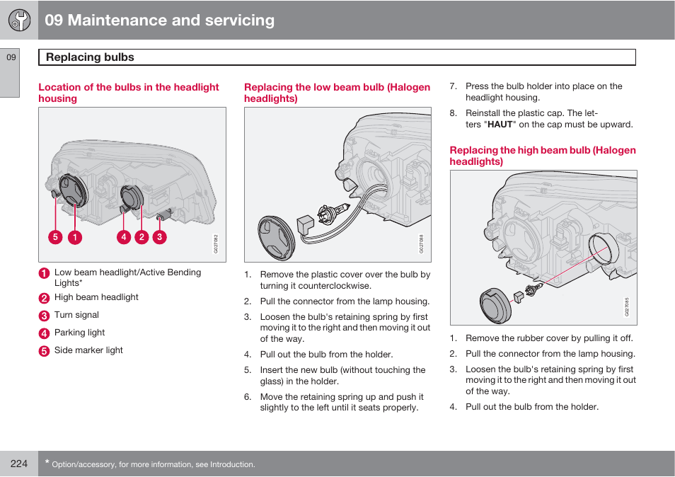 09 maintenance and servicing, Replacing bulbs | Volvo XC90 User Manual | Page 224 / 302