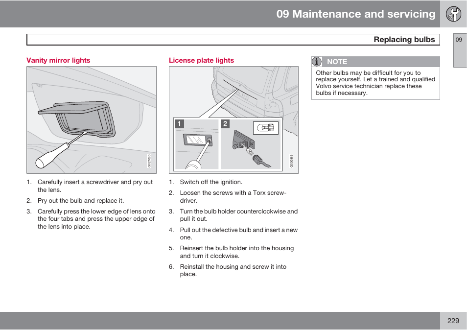 09 maintenance and servicing, Replacing bulbs | Volvo XC90 User Manual | Page 229 / 302