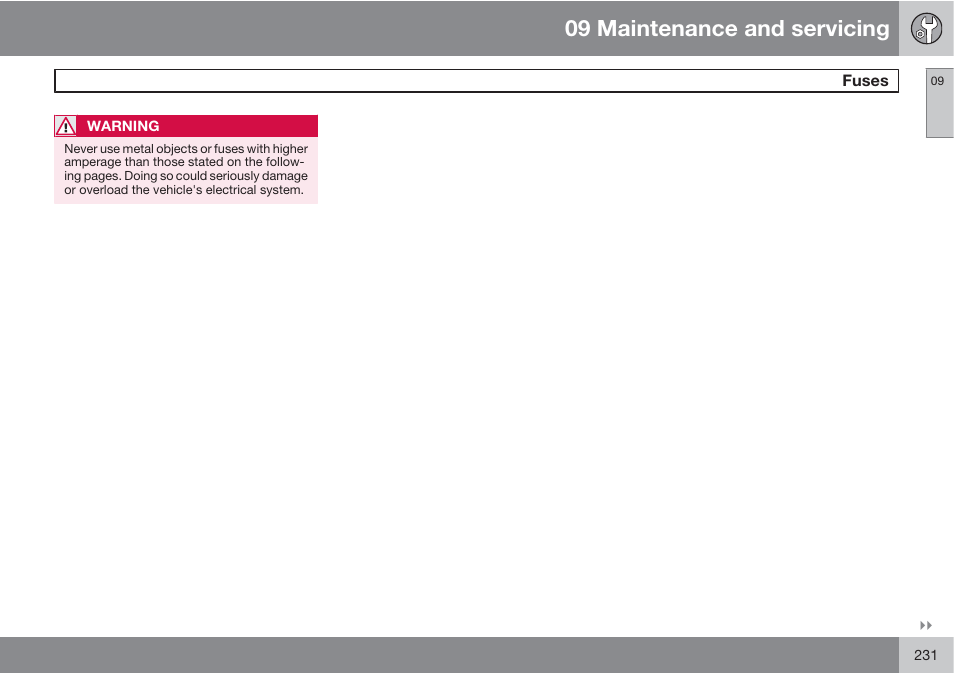 09 maintenance and servicing | Volvo XC90 User Manual | Page 231 / 302