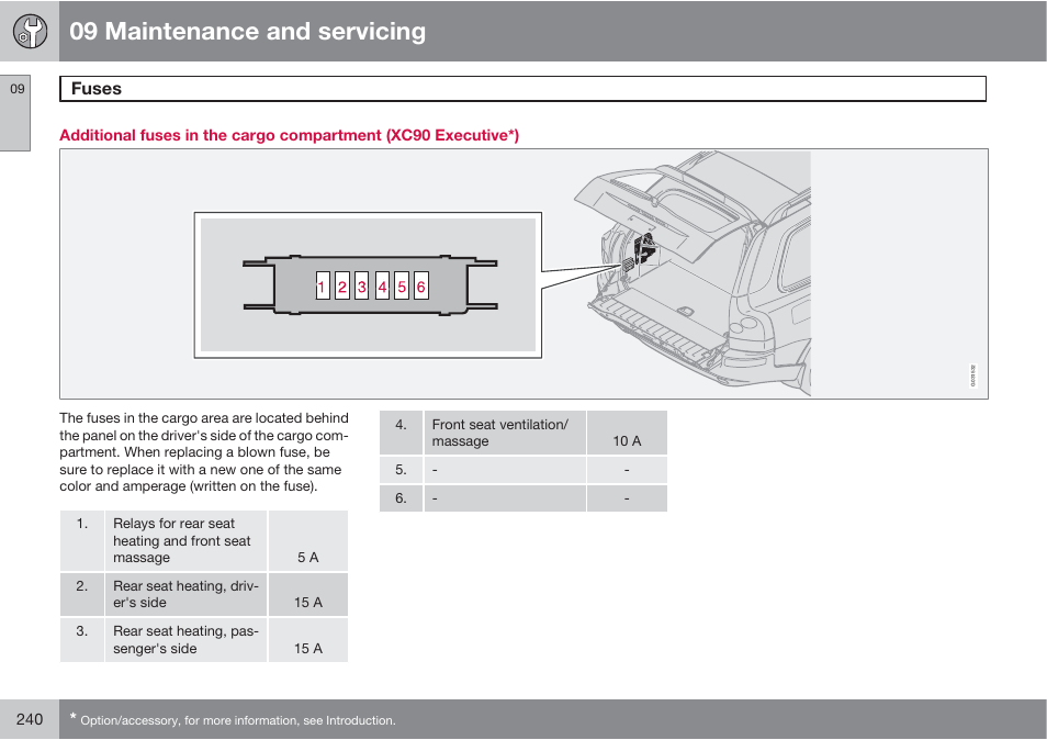 09 maintenance and servicing, Fuses | Volvo XC90 User Manual | Page 240 / 302