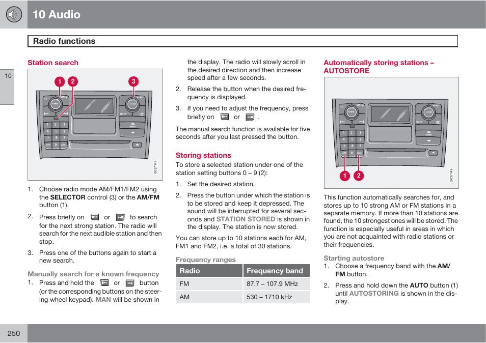 10 audio, Radio functions | Volvo XC90 User Manual | Page 250 / 302