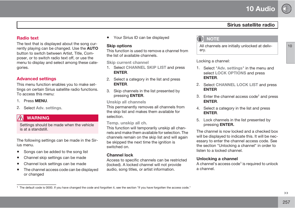 10 audio, Sirius satellite radio | Volvo XC90 User Manual | Page 257 / 302