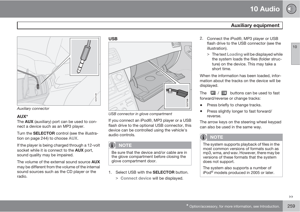 10 audio, Auxiliary equipment | Volvo XC90 User Manual | Page 259 / 302