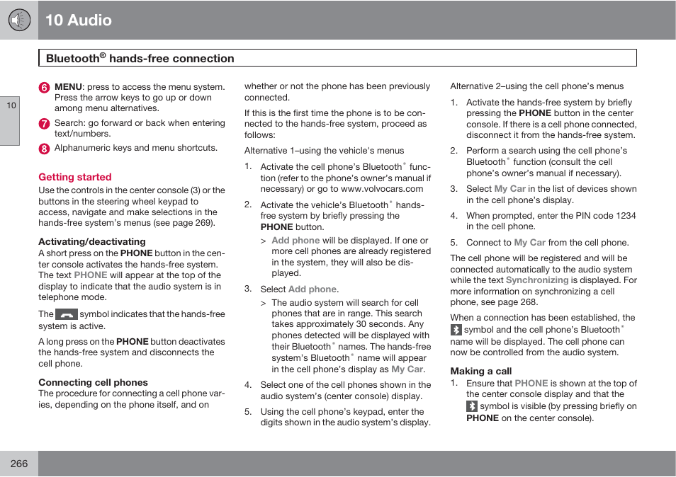 10 audio, Bluetooth, Hands-free connection | Volvo XC90 User Manual | Page 266 / 302
