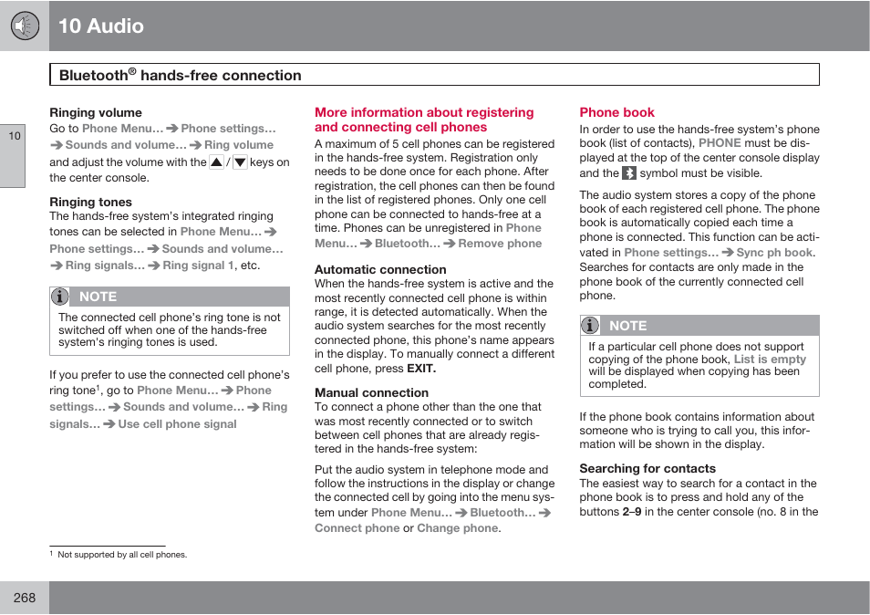 10 audio, Bluetooth, Hands-free connection | Volvo XC90 User Manual | Page 268 / 302