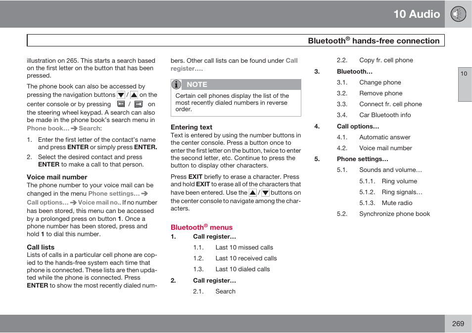 10 audio, Bluetooth, Hands-free connection | Volvo XC90 User Manual | Page 269 / 302