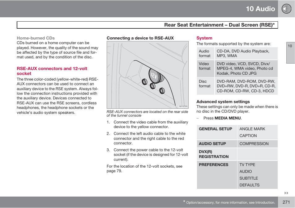 10 audio, Rear seat entertainment – dual screen (rse) | Volvo XC90 User Manual | Page 271 / 302