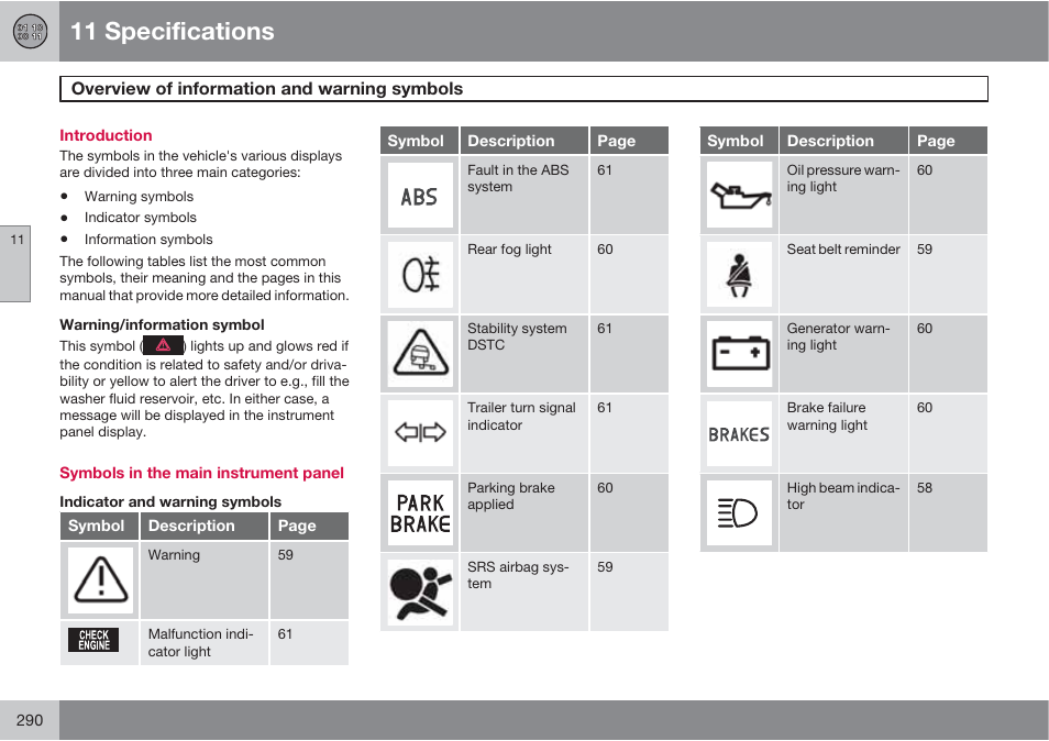 11 specifications | Volvo XC90 User Manual | Page 290 / 302