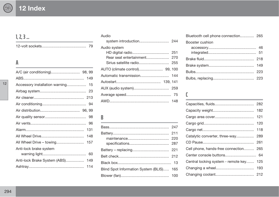 12 index | Volvo XC90 User Manual | Page 294 / 302