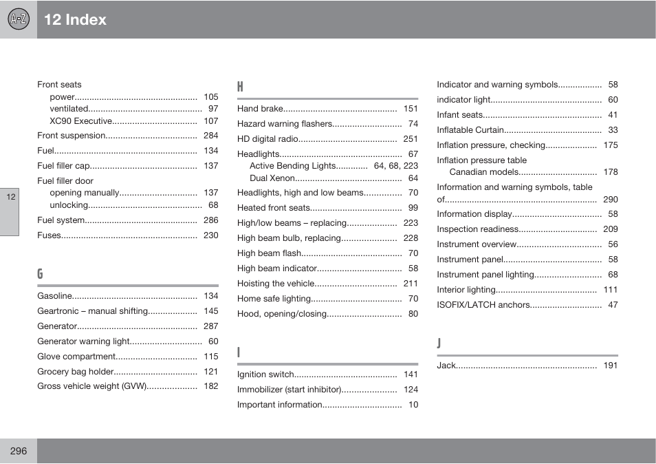 12 index | Volvo XC90 User Manual | Page 296 / 302