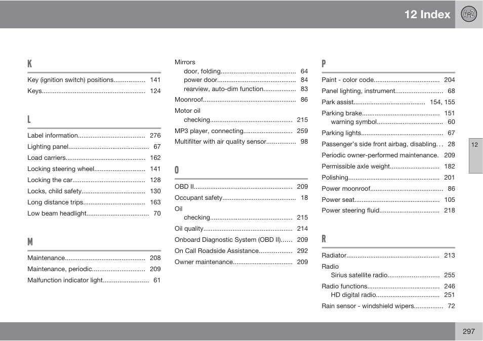 12 index | Volvo XC90 User Manual | Page 297 / 302