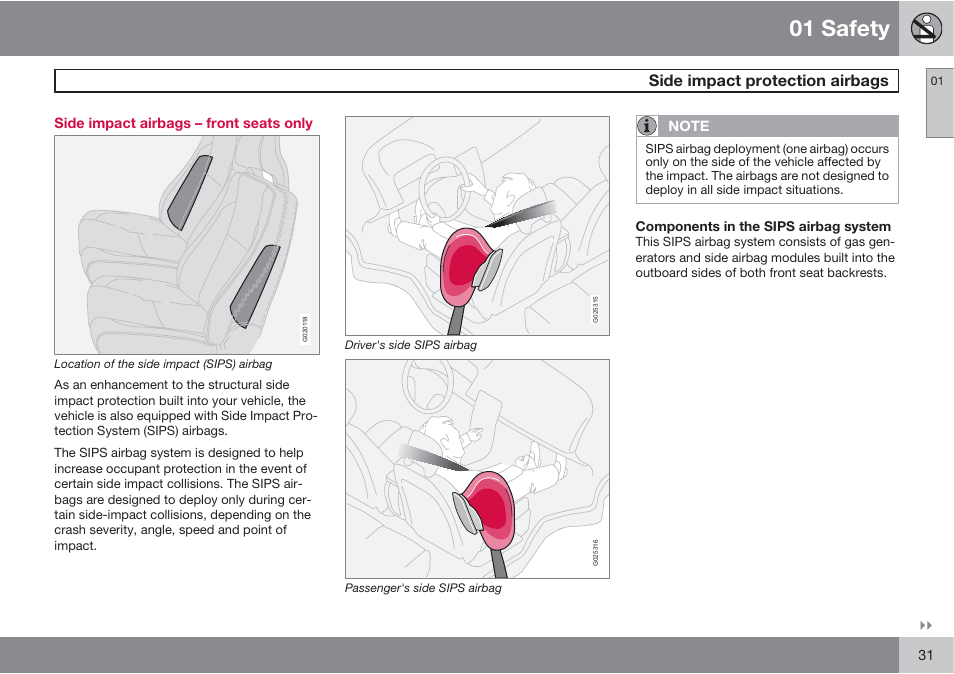 01 safety, Side impact protection airbags | Volvo XC90 User Manual | Page 31 / 302
