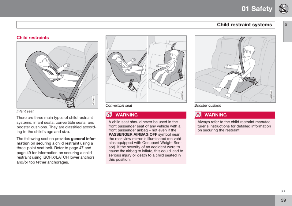 01 safety, Child restraint systems | Volvo XC90 User Manual | Page 39 / 302