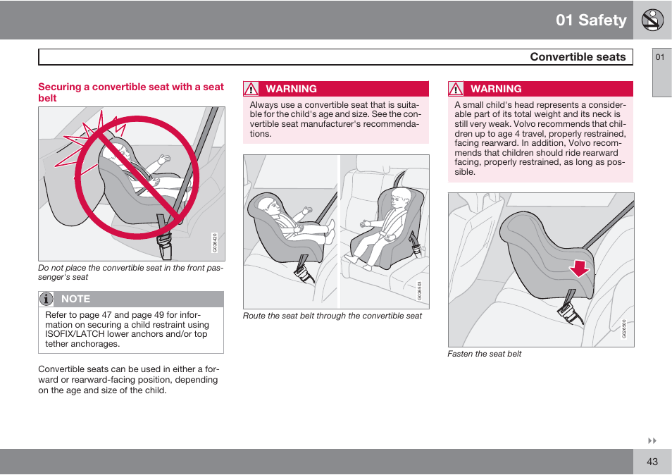 01 safety, Convertible seats | Volvo XC90 User Manual | Page 43 / 302