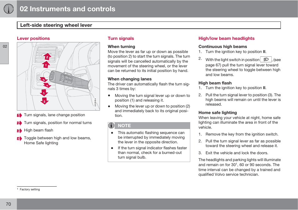 02 instruments and controls, Left-side steering wheel lever | Volvo XC90 User Manual | Page 70 / 302