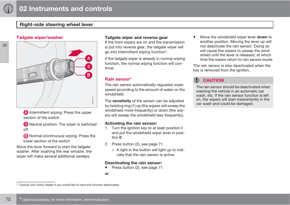02 instruments and controls, Right-side steering wheel lever | Volvo XC90 User Manual | Page 72 / 302