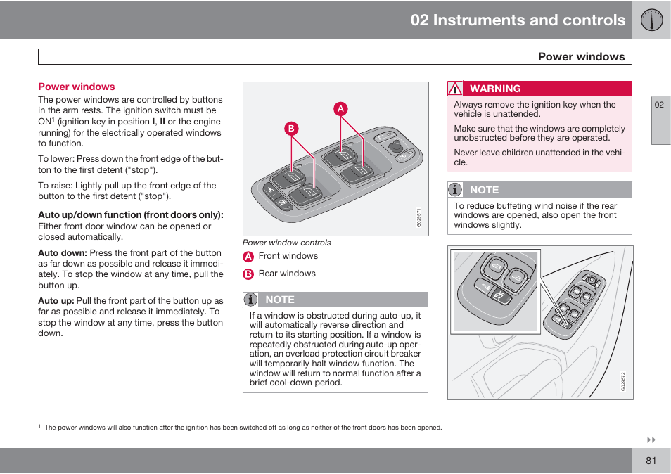 02 instruments and controls, Power windows | Volvo XC90 User Manual | Page 81 / 302