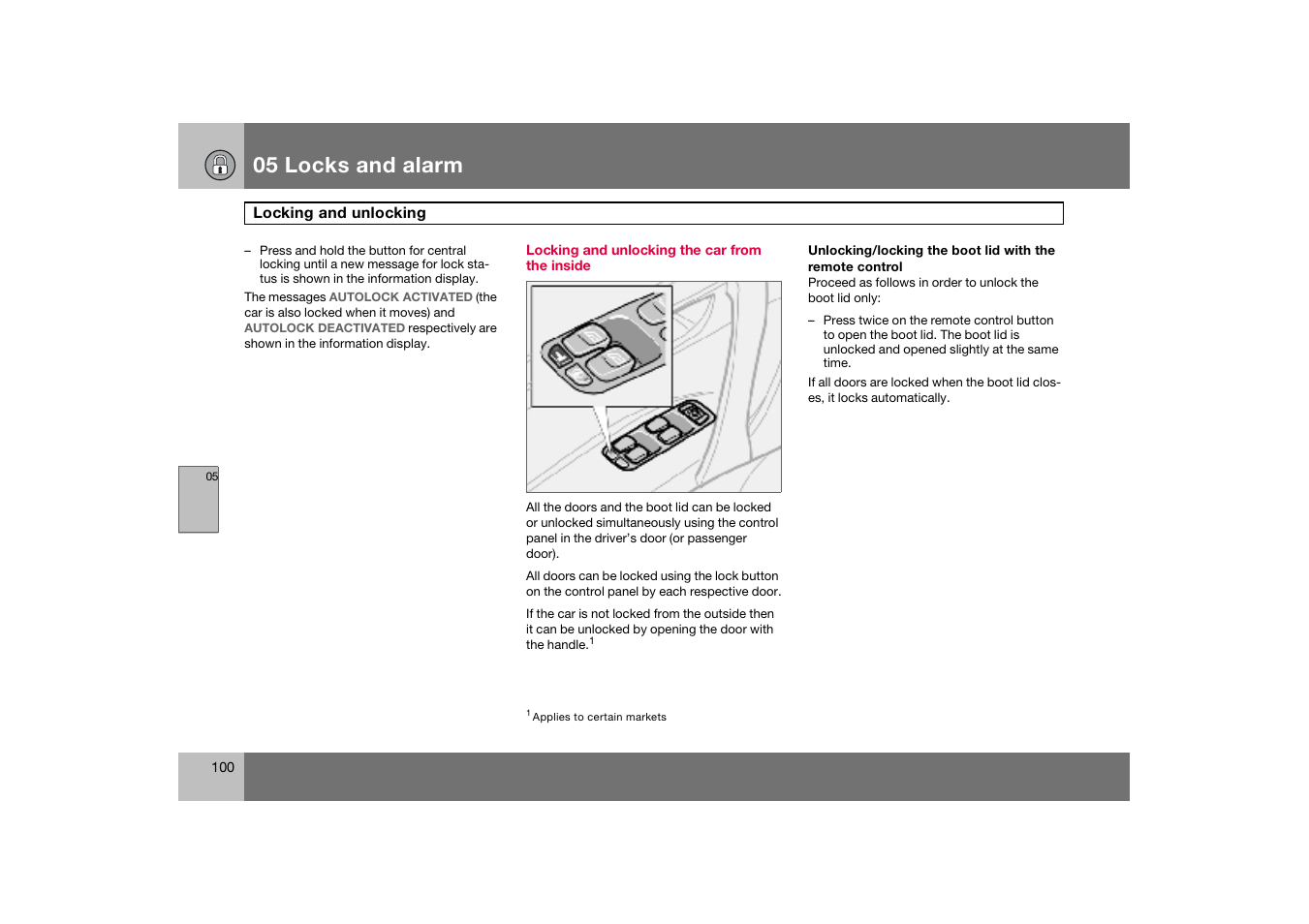 Locking and unlocking the car from the inside, 05 locks and alarm | Volvo S60 S60R User Manual | Page 101 / 265