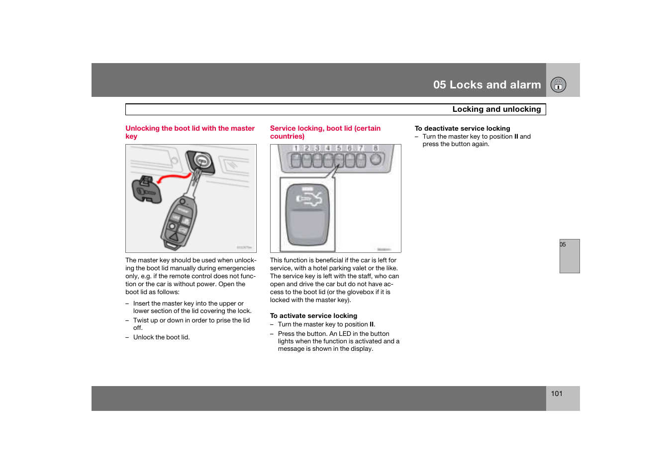 Unlocking the boot lid with the master key, Service locking, boot lid (certain countries), 05 locks and alarm | Volvo S60 S60R User Manual | Page 102 / 265