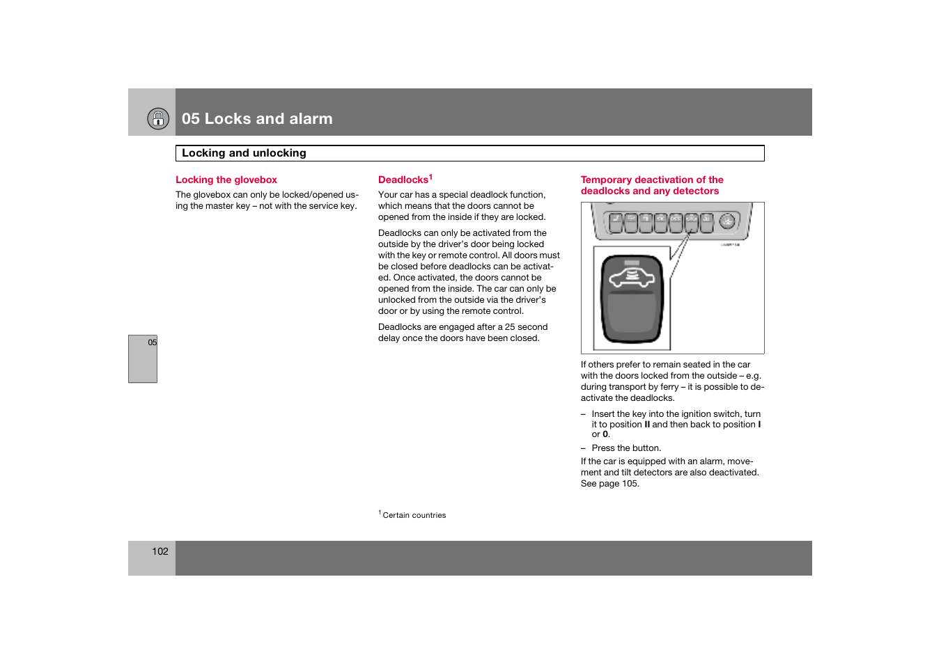 Locking the glovebox, Deadlocks, 05 locks and alarm | Volvo S60 S60R User Manual | Page 103 / 265