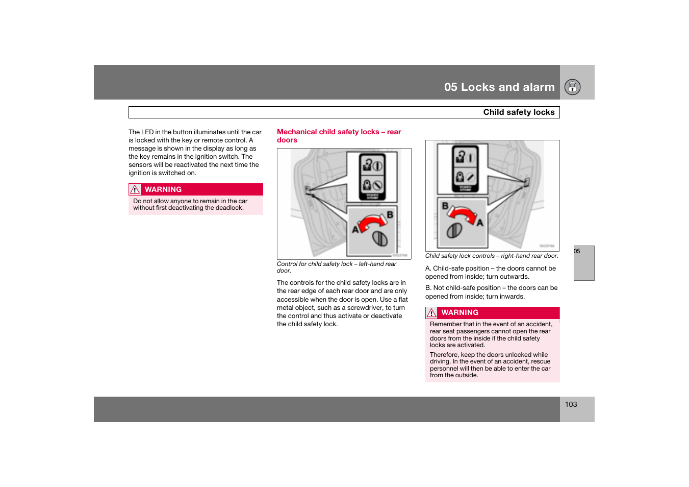 Mechanical child safety locks - rear doors, Child safety locks, 05 locks and alarm | Volvo S60 S60R User Manual | Page 104 / 265