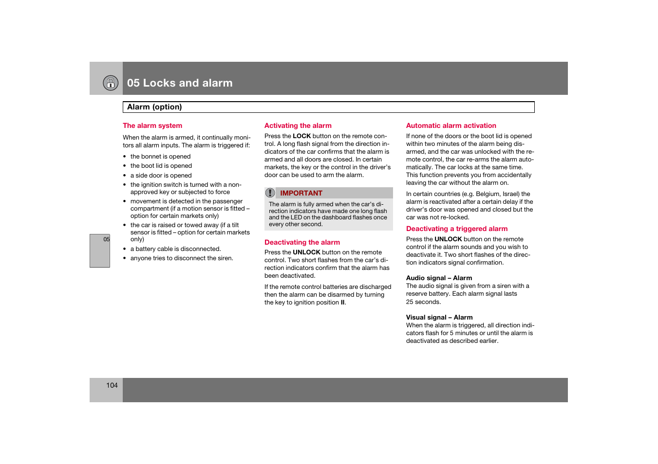 The alarm system, Activating the alarm, Automatic alarm activation | Alarm (option), 05 locks and alarm | Volvo S60 S60R User Manual | Page 105 / 265