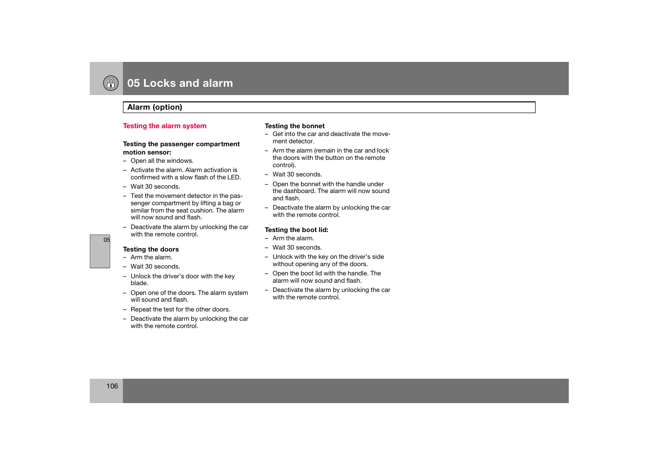 Testing the alarm system, 05 locks and alarm | Volvo S60 S60R User Manual | Page 107 / 265