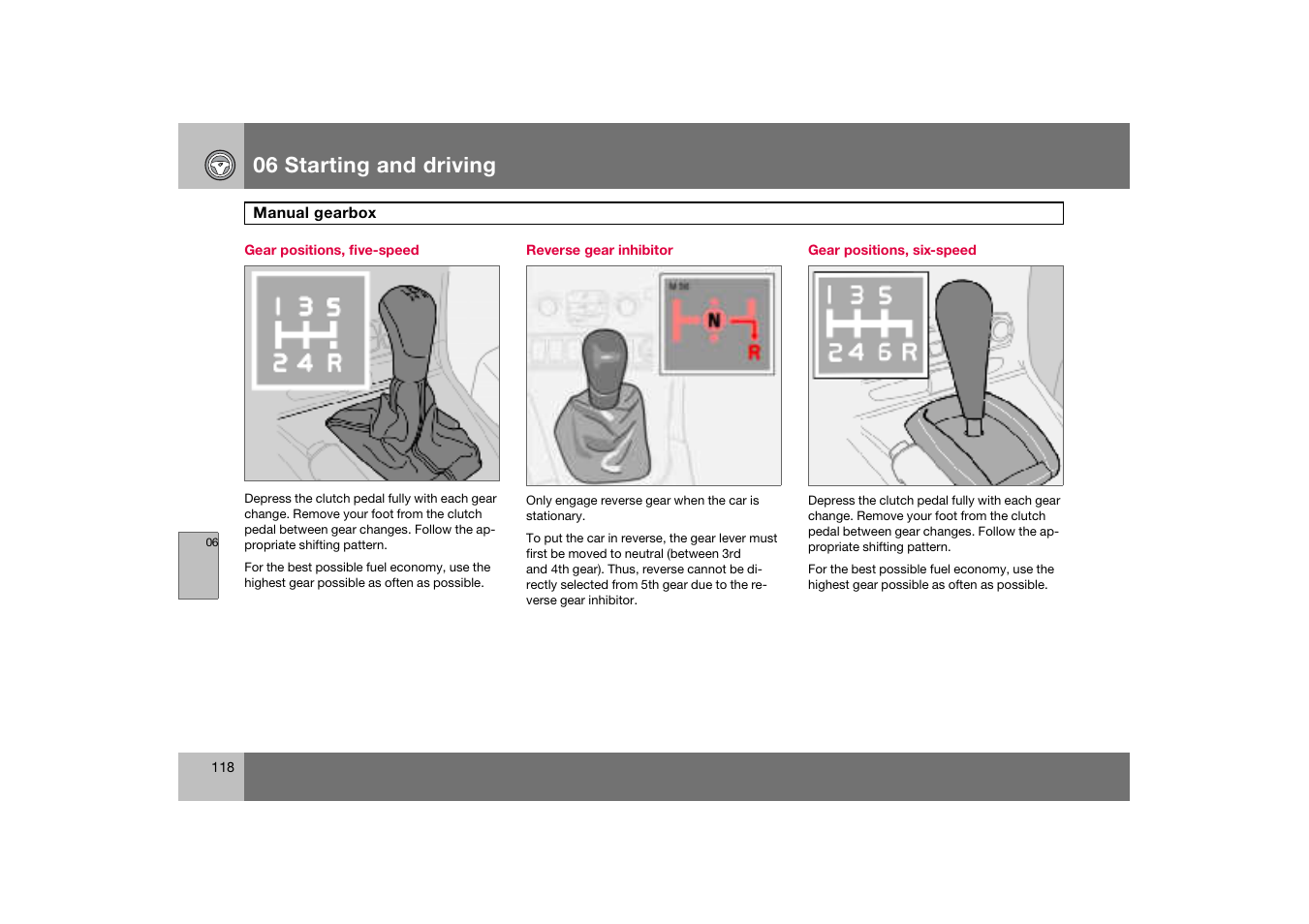 Gear positions, five-speed, Reverse gear inhibitor, Gear positions, six-speed | Manual gearbox, 06 starting and driving | Volvo S60 S60R User Manual | Page 119 / 265