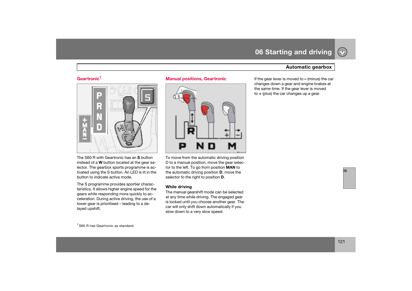 Geartronic, Manual positions, geartronic, 06 starting and driving | Volvo S60 S60R User Manual | Page 122 / 265