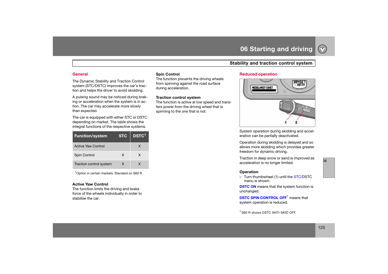 General, Reduced operation, Stability and traction control | System, Stability and traction control system, 06 starting and driving | Volvo S60 S60R User Manual | Page 126 / 265