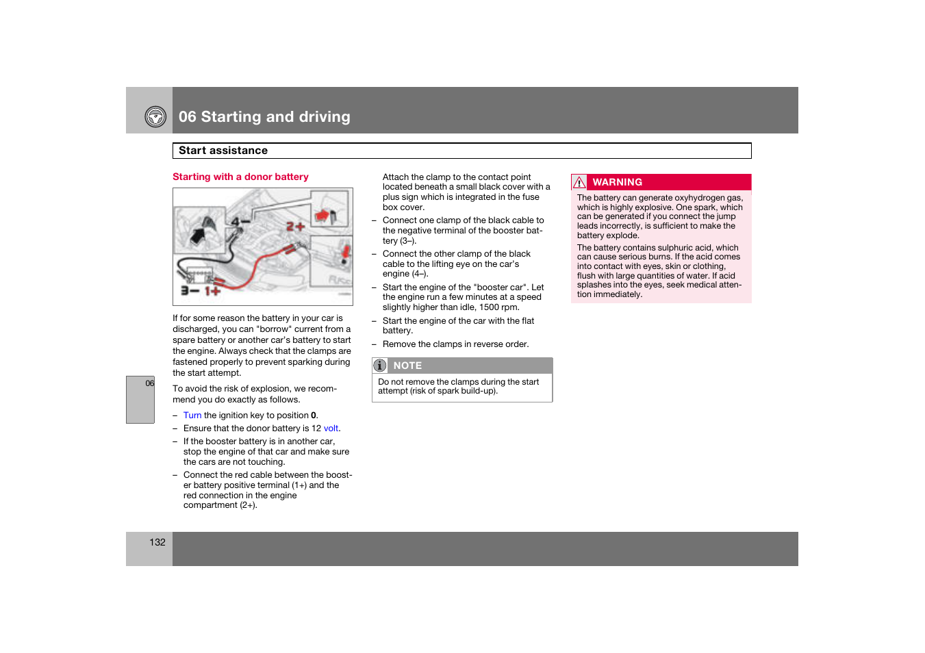 Starting with a donor battery, Start assistance, 06 starting and driving | Volvo S60 S60R User Manual | Page 133 / 265