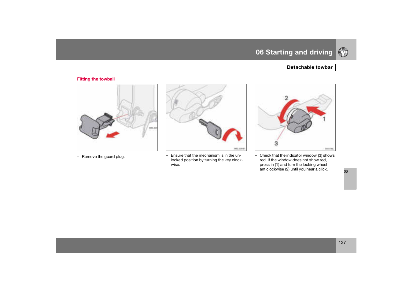 Fitting the towball, Detachable towbar, 06 starting and driving | Volvo S60 S60R User Manual | Page 138 / 265