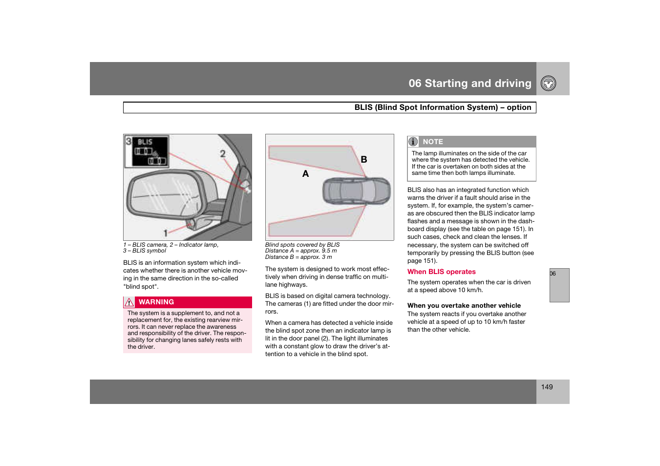 Blis (blind spot information, System) – option, Blis (blind spot information system) – option | 06 starting and driving | Volvo S60 S60R User Manual | Page 150 / 265