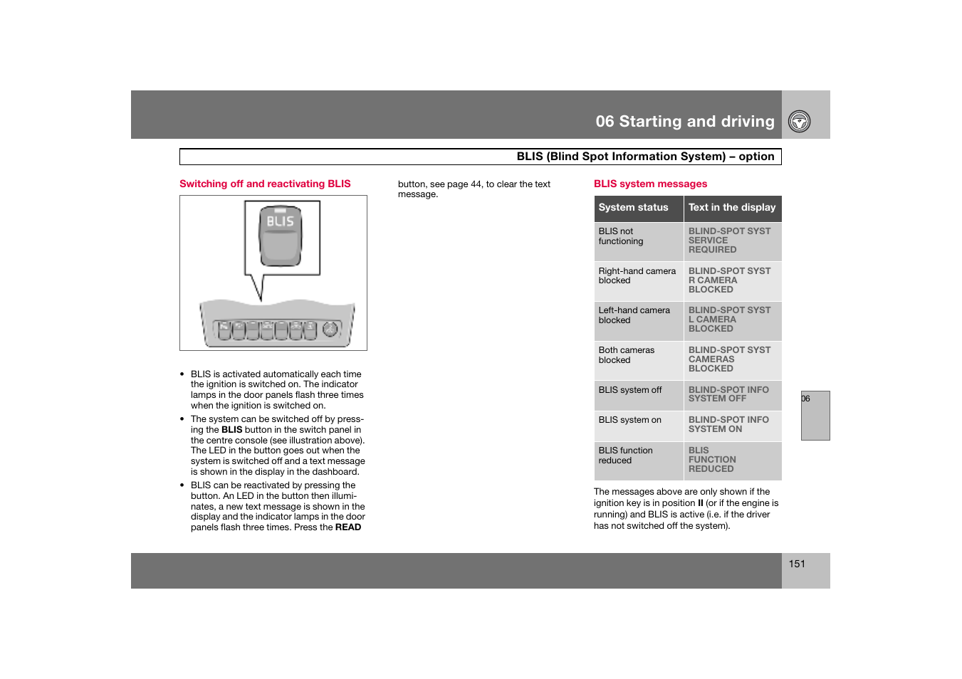 Switching off and reactivating blis, Blis system messages, 06 starting and driving | Volvo S60 S60R User Manual | Page 152 / 265