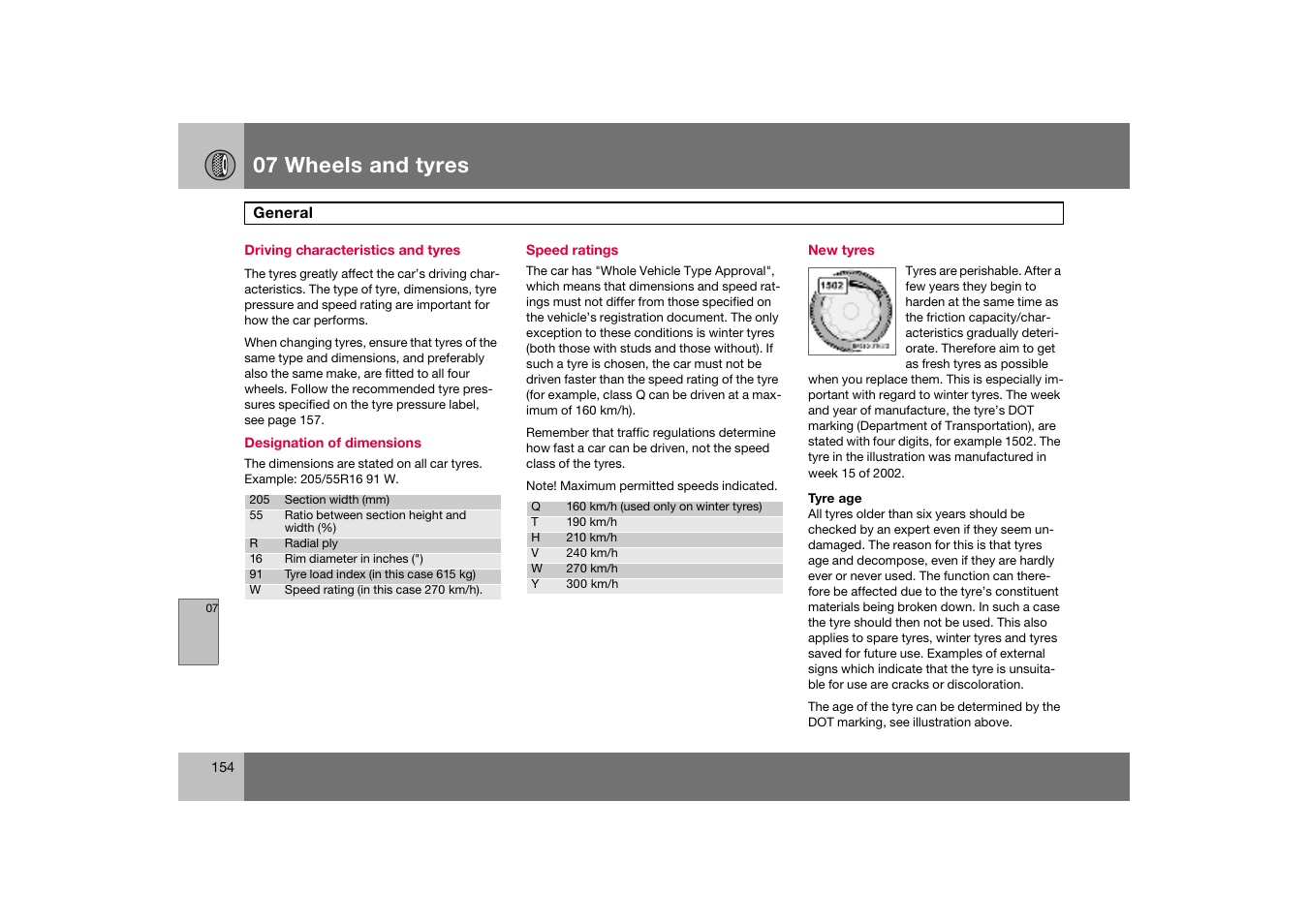 Driving characteristics and tyres, Speed ratings, New tyres | General, 07 wheels and tyres | Volvo S60 S60R User Manual | Page 155 / 265