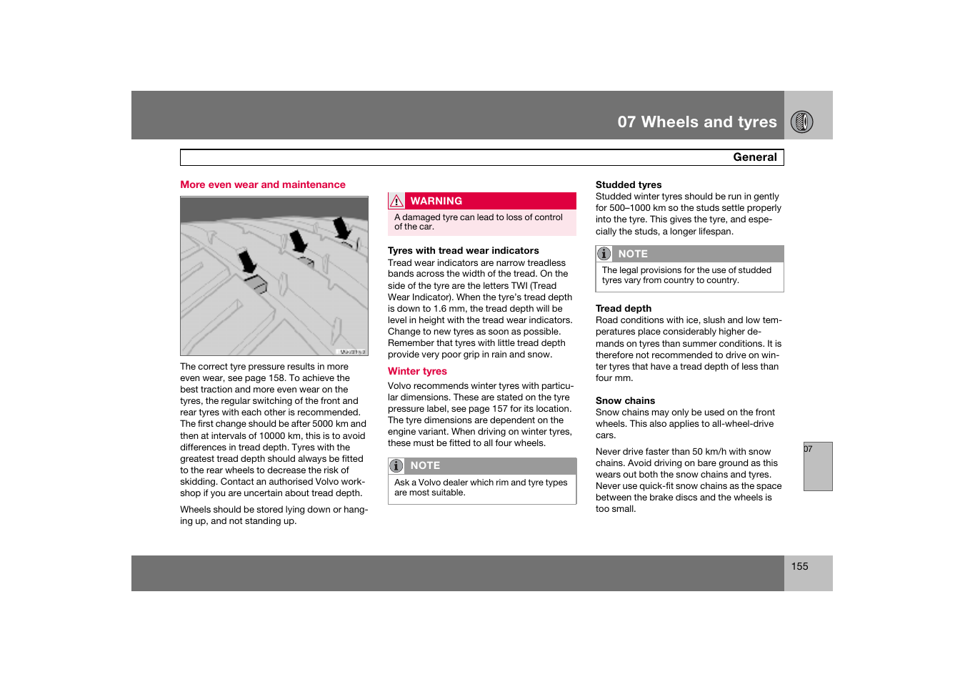 More even wear and maintenance, 07 wheels and tyres | Volvo S60 S60R User Manual | Page 156 / 265