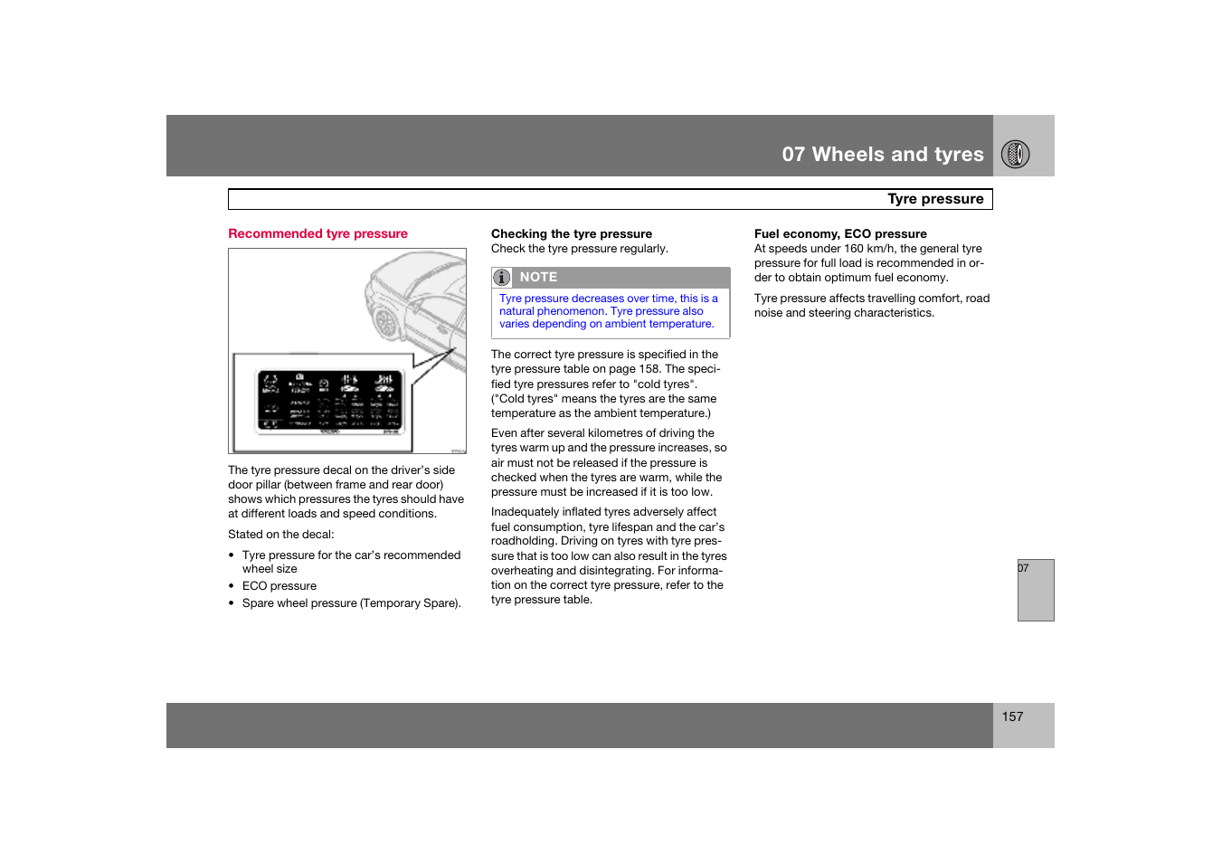 Recommended tyre pressure, Tyre pressure, 07 wheels and tyres | Volvo S60 S60R User Manual | Page 158 / 265