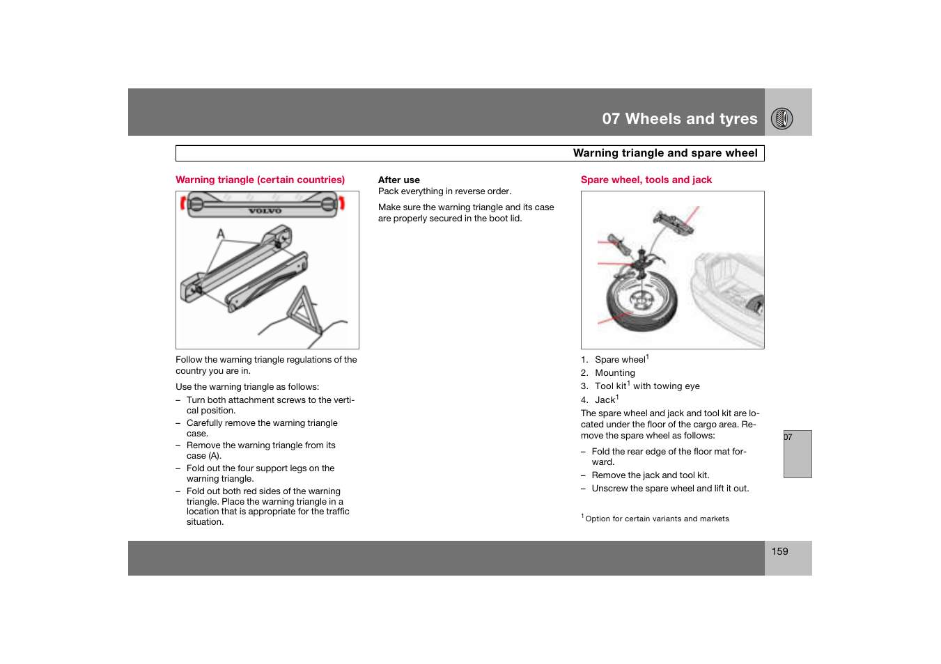 Warning triangle (certain countries), Spare wheel, tools and jack, Warning triangle and spare wheel | 07 wheels and tyres | Volvo S60 S60R User Manual | Page 160 / 265