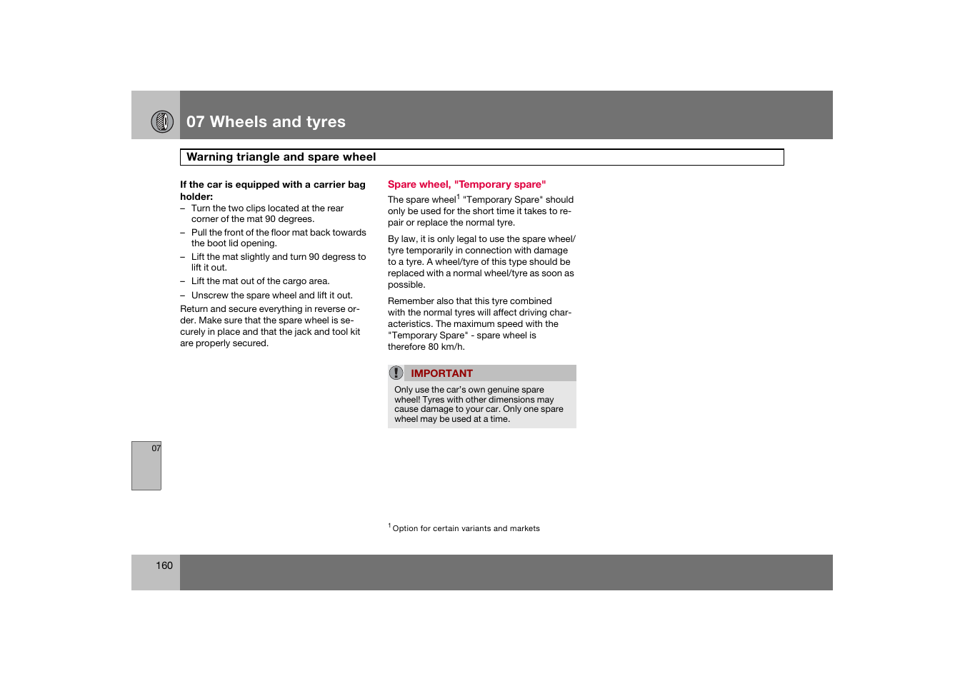 Spare wheel, "temporary spare, 07 wheels and tyres | Volvo S60 S60R User Manual | Page 161 / 265