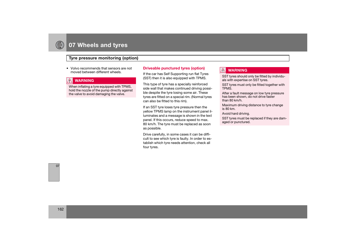 Driveable punctured tyres (option), 07 wheels and tyres | Volvo S60 S60R User Manual | Page 163 / 265