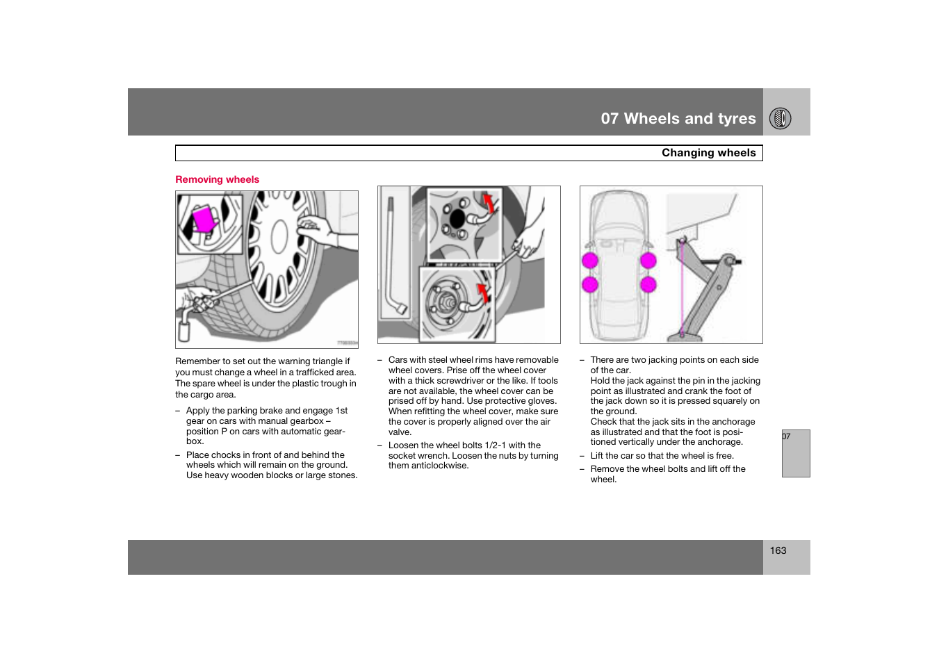 Removing wheels, Changing wheels, 07 wheels and tyres | Volvo S60 S60R User Manual | Page 164 / 265