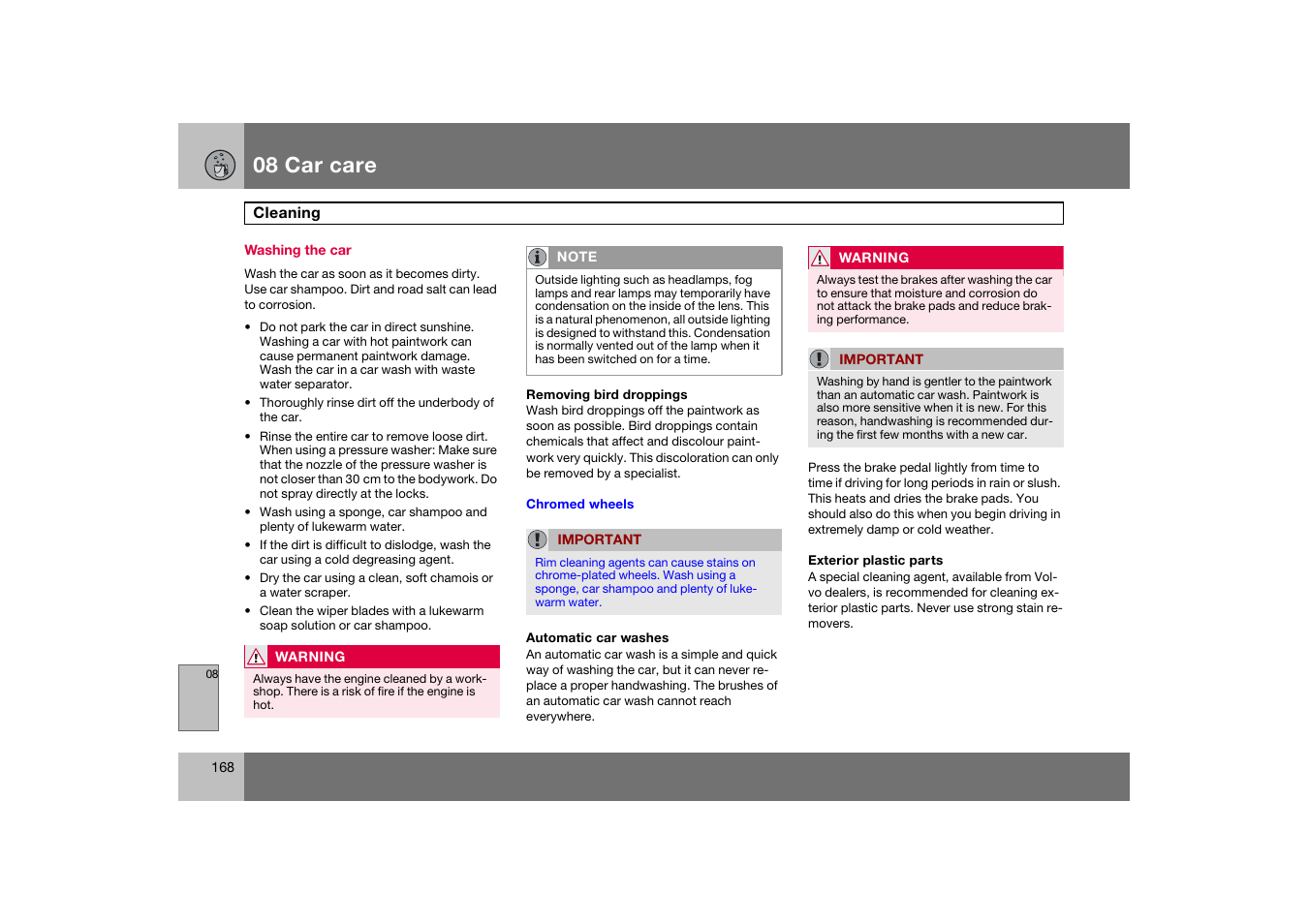 Washing the car, Cleaning, 08 car care | Volvo S60 S60R User Manual | Page 169 / 265