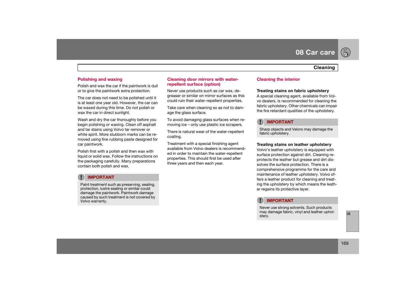 Polishing and waxing, Cleaning the interior, 08 car care | Volvo S60 S60R User Manual | Page 170 / 265