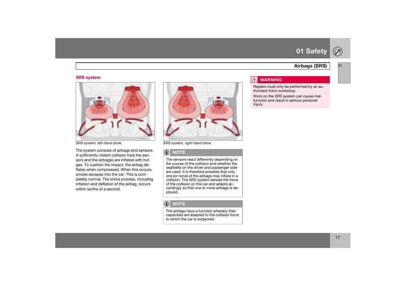 Srs system, 01 safety | Volvo S60 S60R User Manual | Page 18 / 265