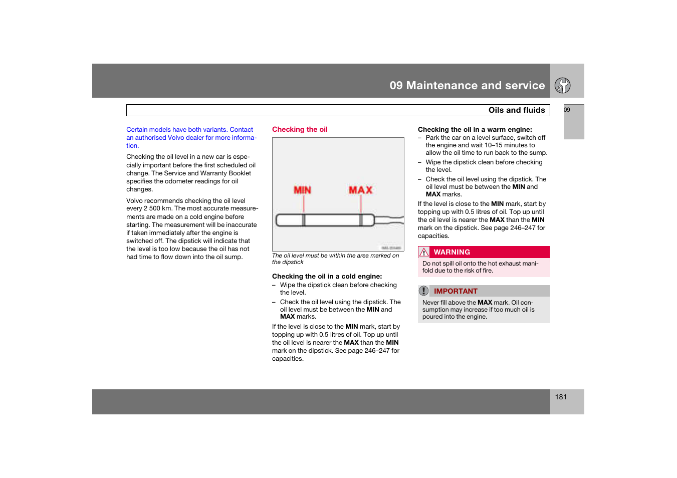 Checking the oil, 09 maintenance and service | Volvo S60 S60R User Manual | Page 182 / 265