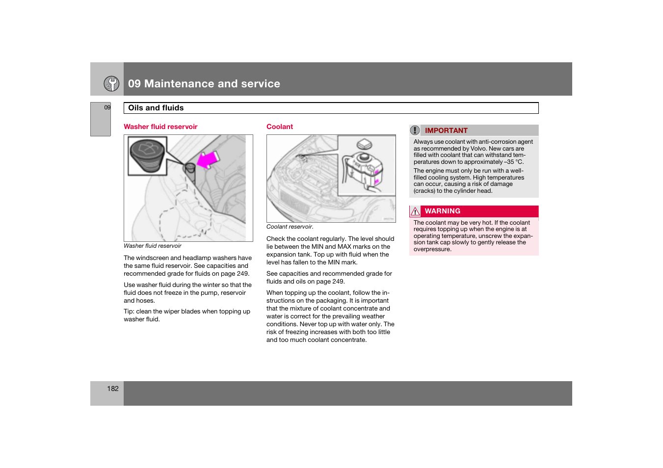 Washer fluid reservoir, Coolant, 09 maintenance and service | Volvo S60 S60R User Manual | Page 183 / 265